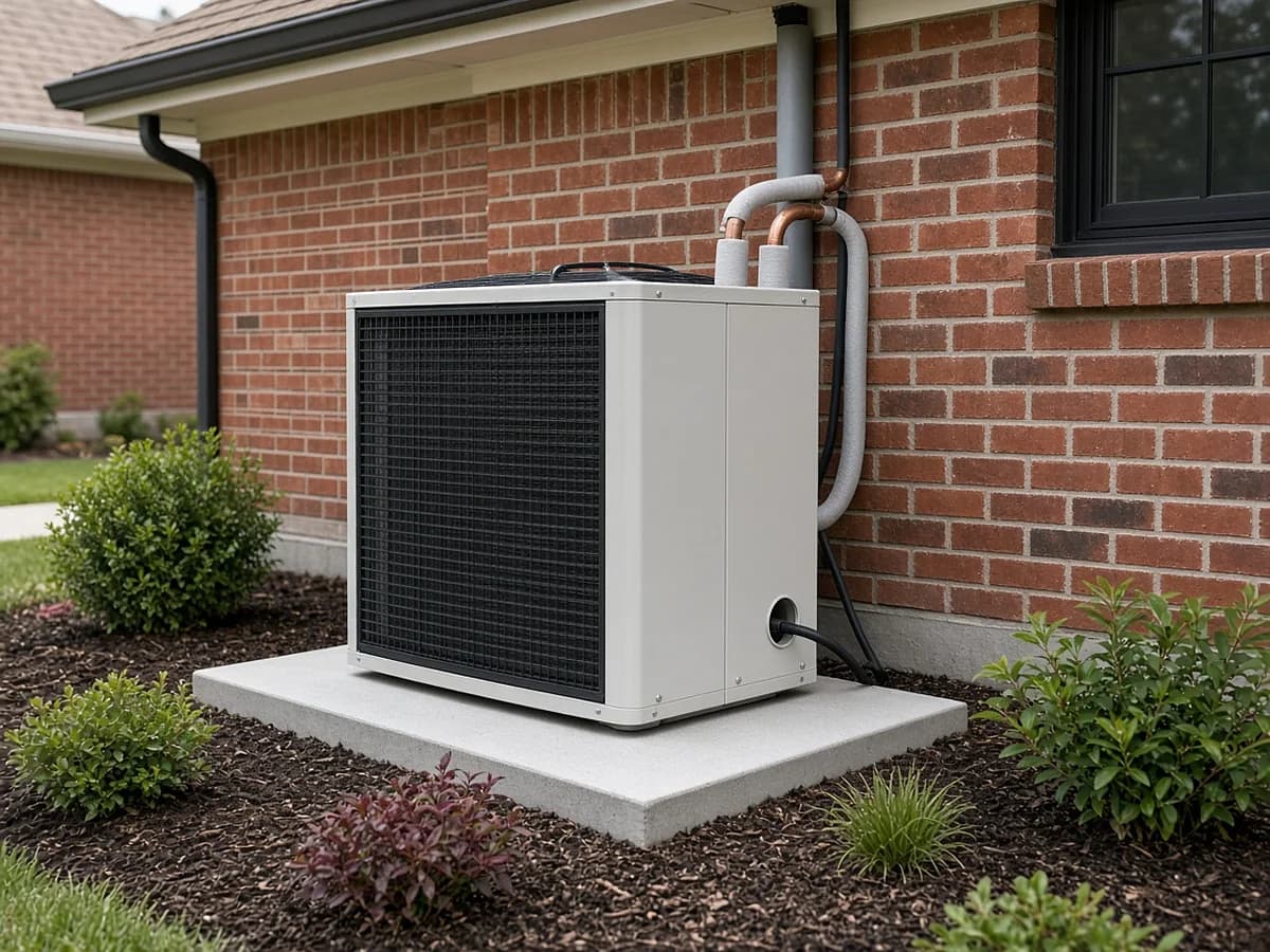 Newly installed AC condenser on a fresh concrete pad