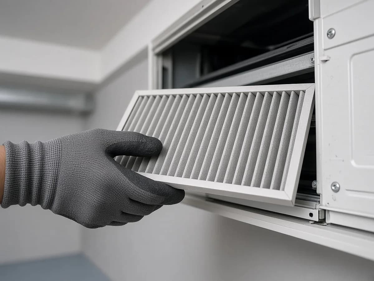 Gloved hand replacing a furnace air filter