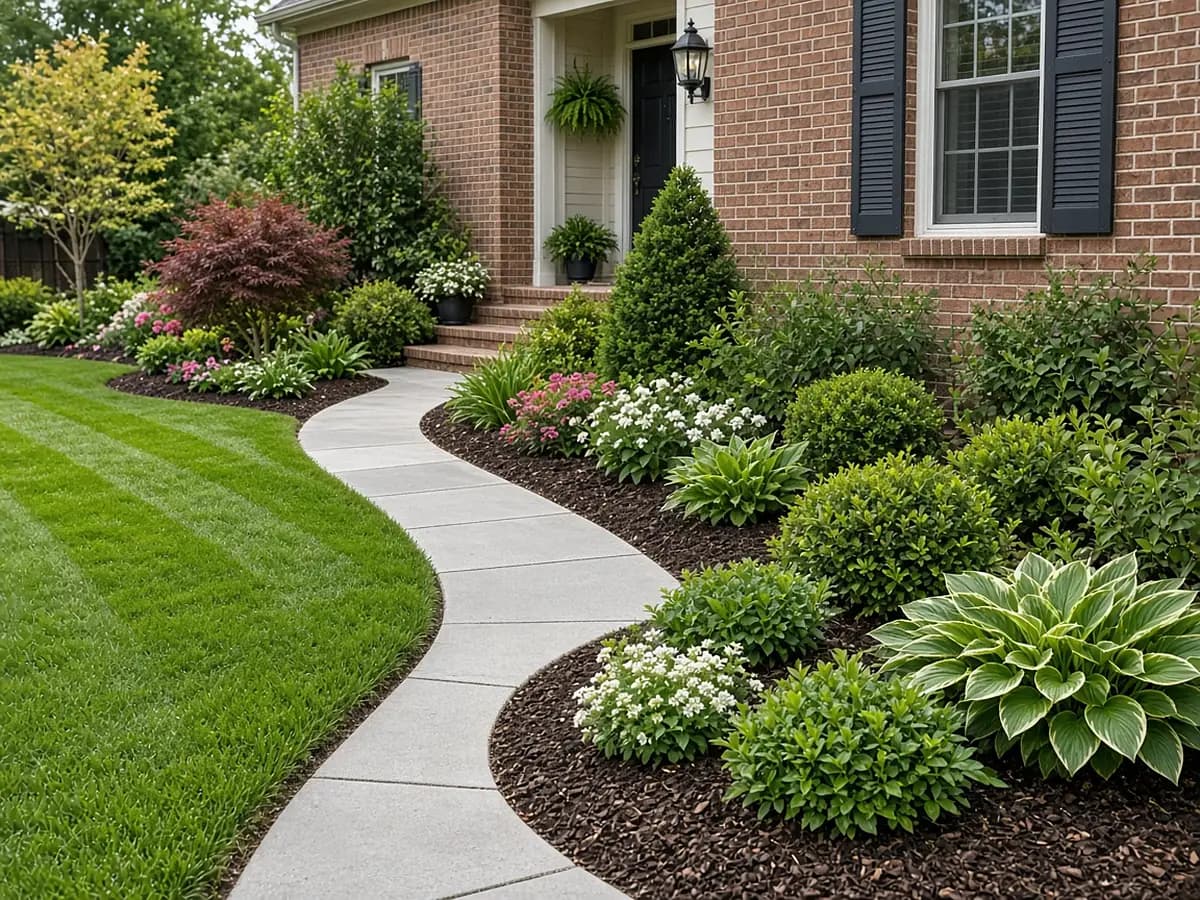 Freshly mulched beds and crisp lawn edges along a curved front walk