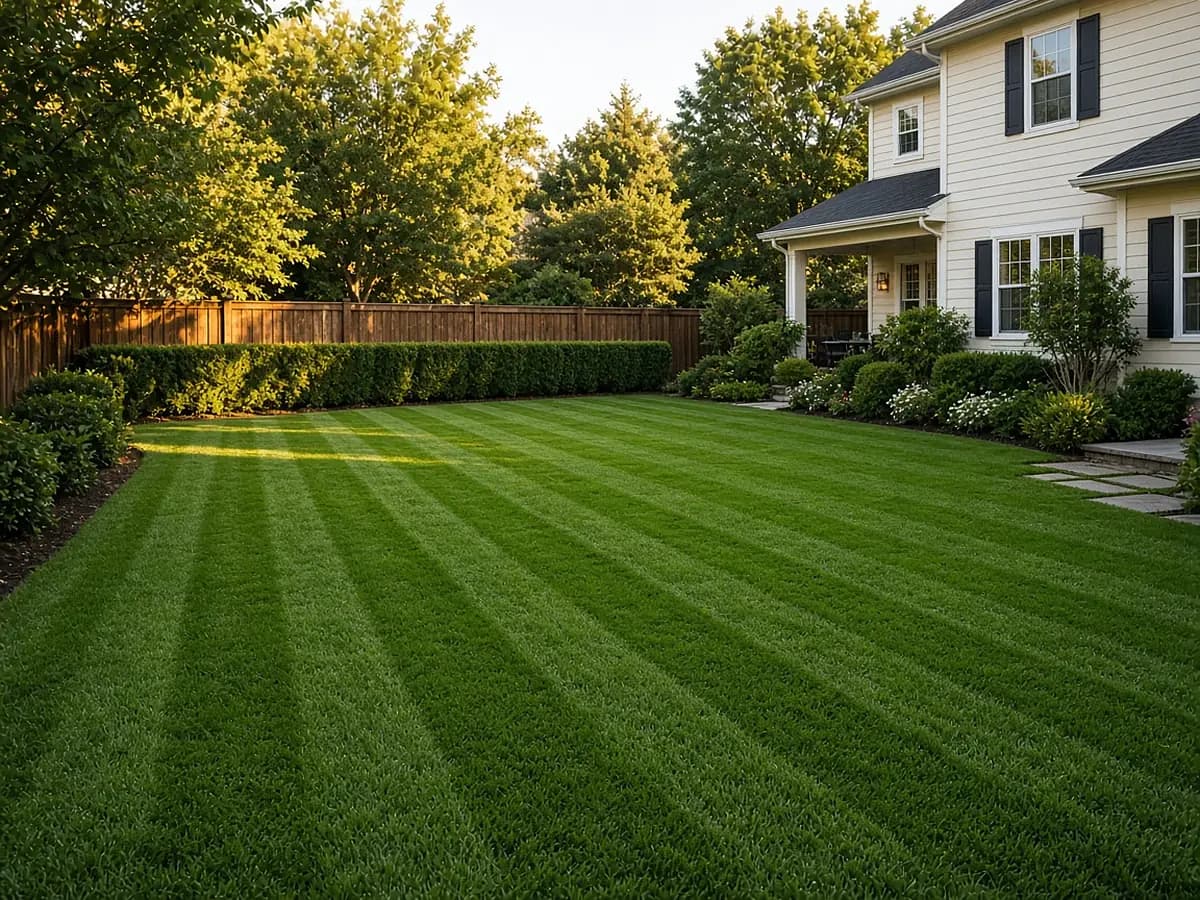 Evenly striped backyard lawn with trimmed hedges at golden hour