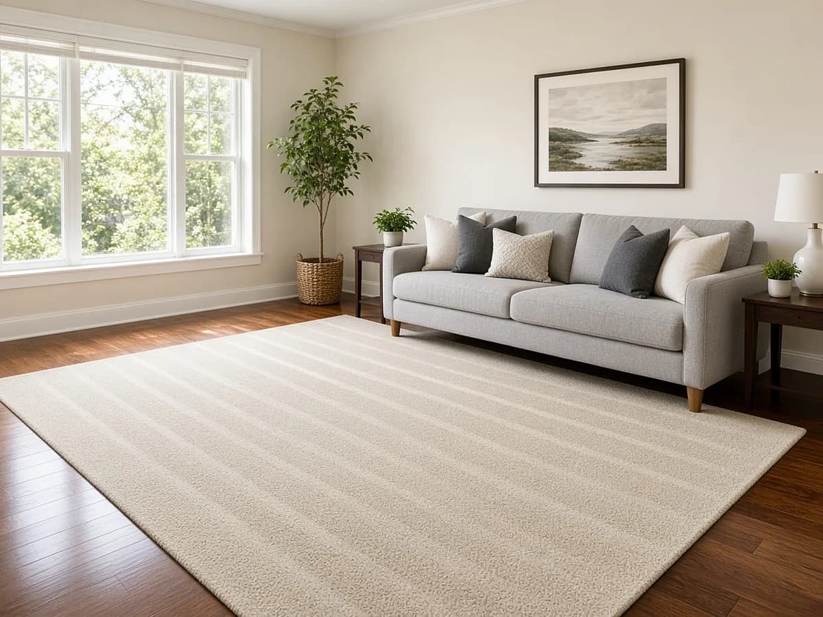 Tidy living room with fresh vacuum lines on a cream rug